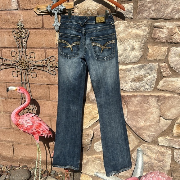 Baby Phat Jeans Flare Boot Cut Y2K Rhinestones Dark Wash Distressed Size 0 - Picture 7 of 15